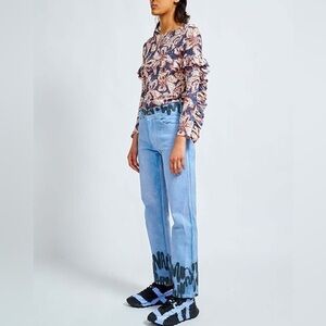 Collina Strada Hand Painted Graphic Logo Light Wash Straight Leg Jeans Blue